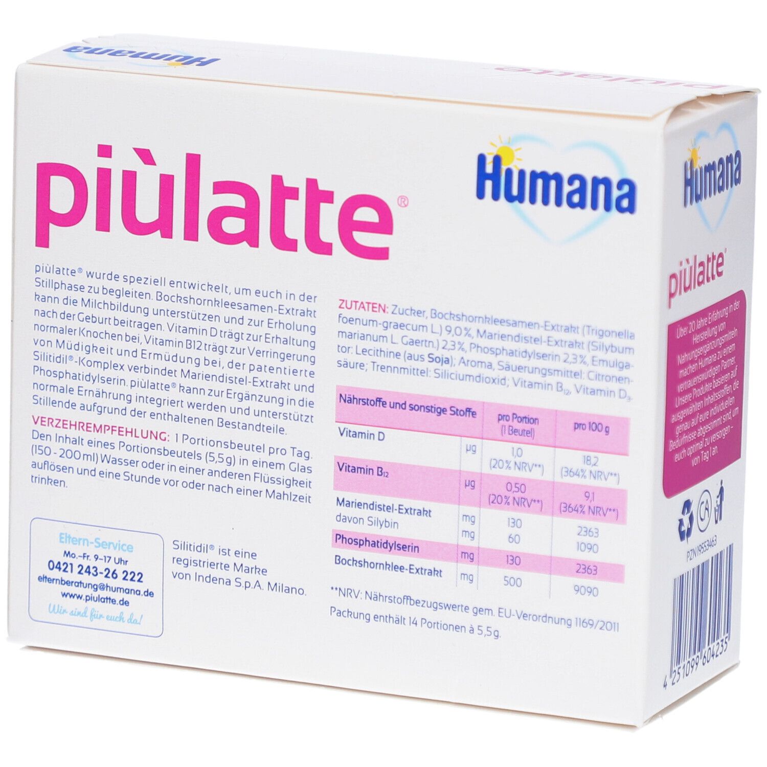 Weiße Packung, Rückseite. Aufschrift: piulatte, Humana. Enthält Zutaten, Nährwerttabelle. Text in Deutsch. Informationen zur Anwendung.