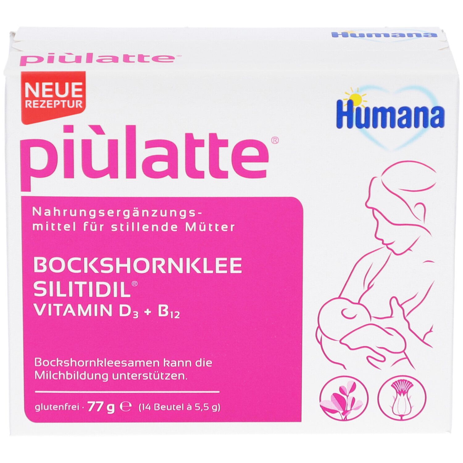 Weiße Packung mit rosa Akzenten. Aufschrift: piulatte, Humana. Enthält Bockshornklee, Siliditil, Vitamin D3 + B12. Illustration einer stillenden Mutter.