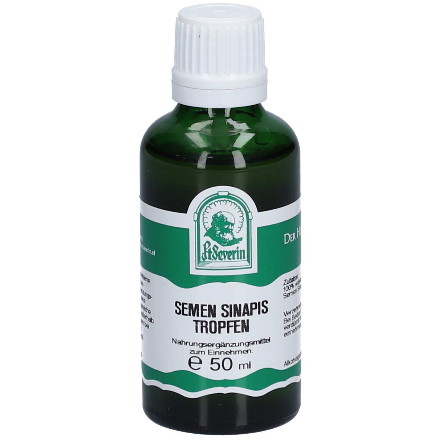 Grüne Glasflasche mit weißem Deckel. Beschriftung: St. Severin, Semen Sinapis Tropfen, e 50 ml.