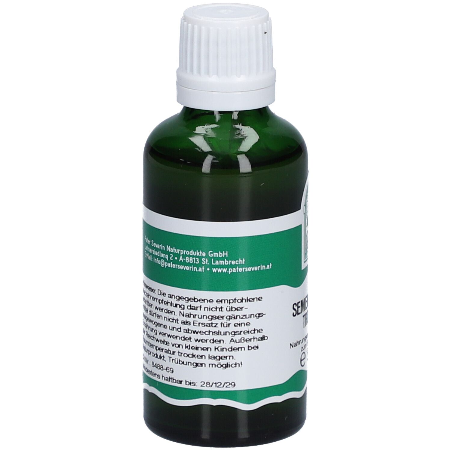Grüne Glasflasche mit weißem Deckel. Rückseite mit Text und Herstellerinformationen.
