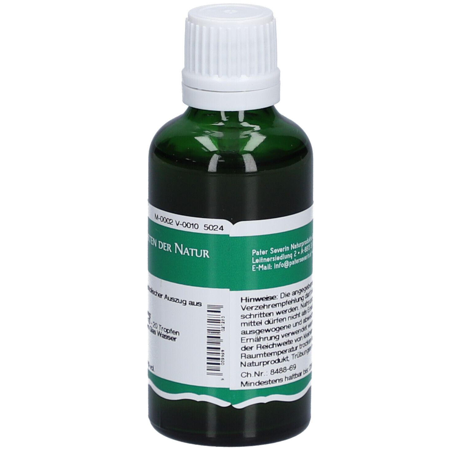 Grüne Glasflasche mit weißem Deckel. Etikett mit Text und Barcode. Herstellerinformationen.