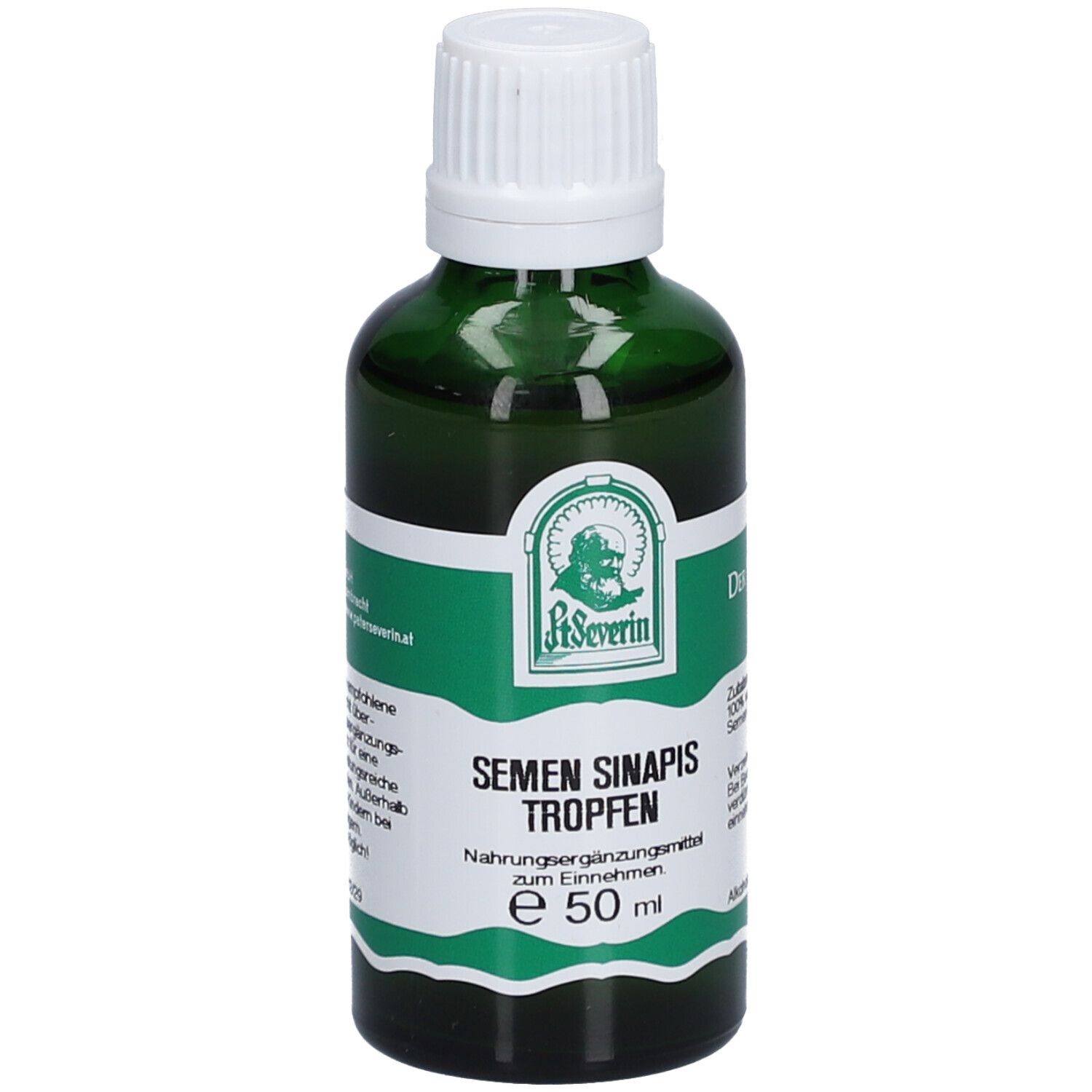 Grüne Glasflasche mit weißem Deckel. Beschriftung: St. Severin, Semen Sinapis Tropfen, e 50 ml.