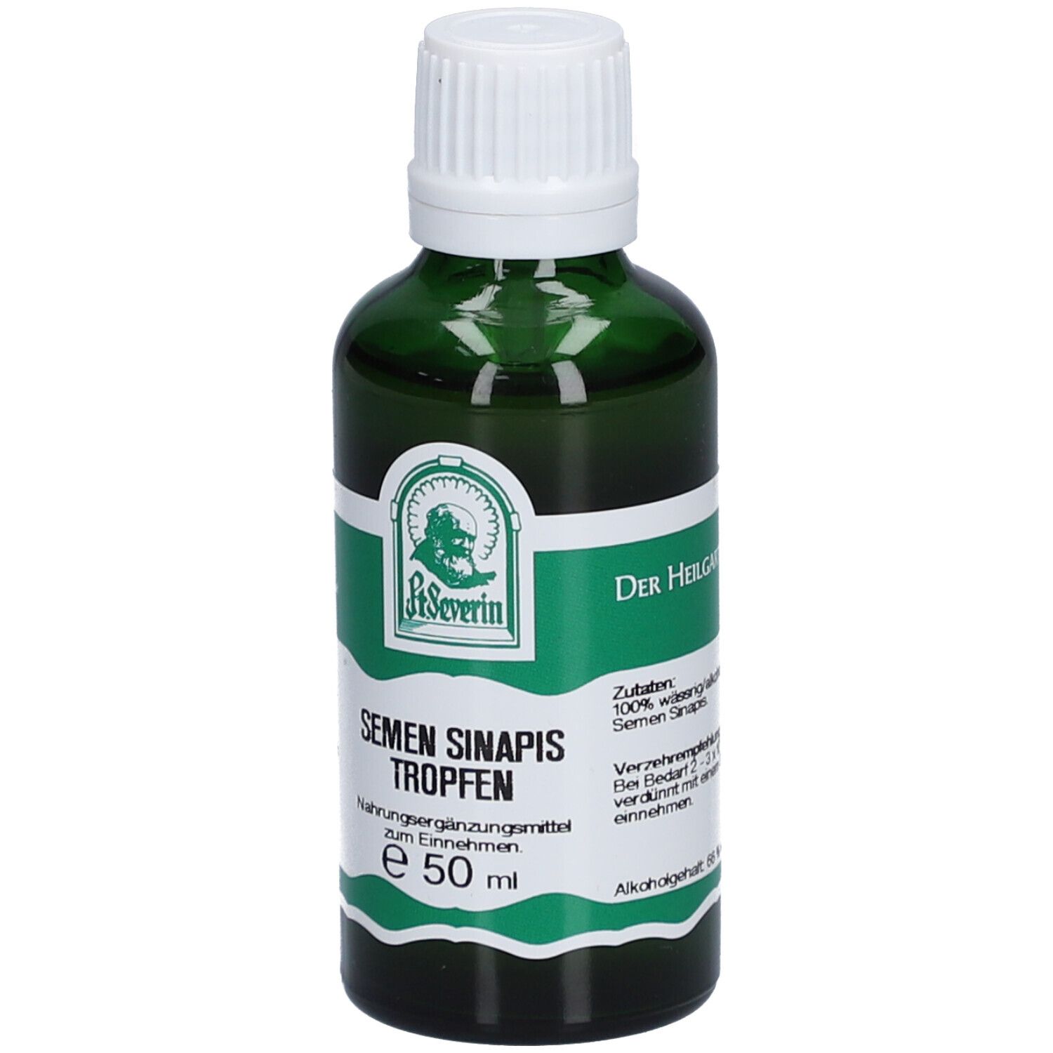 Grüne Glasflasche mit weißem Deckel. Beschriftung: St. Severin, Semen Sinapis Tropfen, e 50 ml.