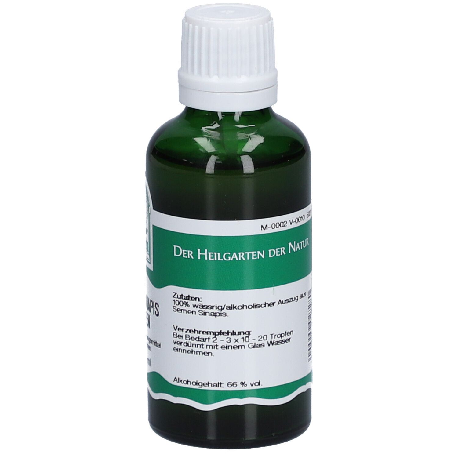 Grüne Glasflasche mit weißem Deckel. Beschriftung: St. Severin, Semen Sinapis Tropfen, e 50 ml.