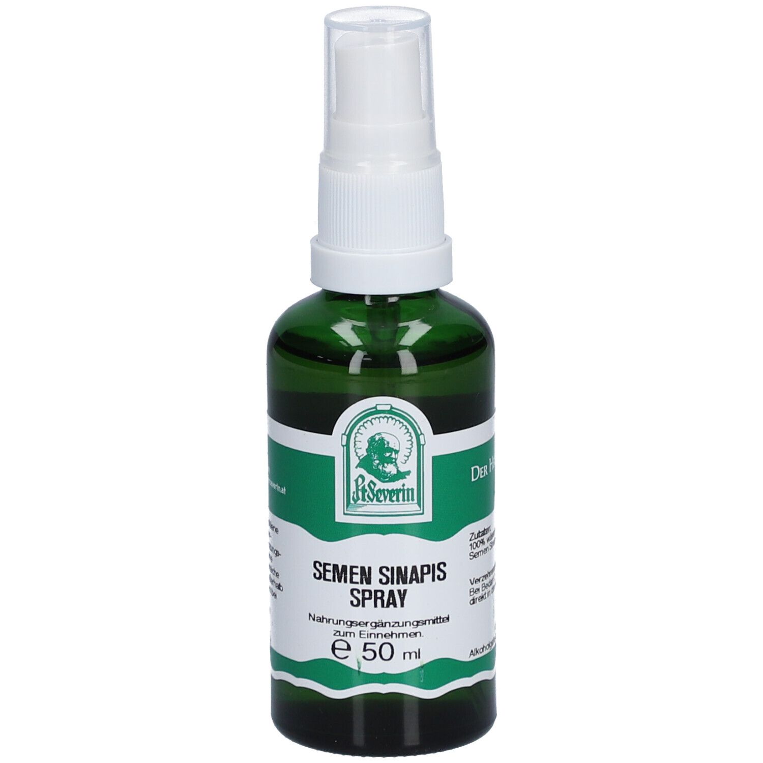 Grüne Glasflasche mit weißem Sprühkopf. Etikett mit Produktnamen und Logo. Enthält 50 ml.