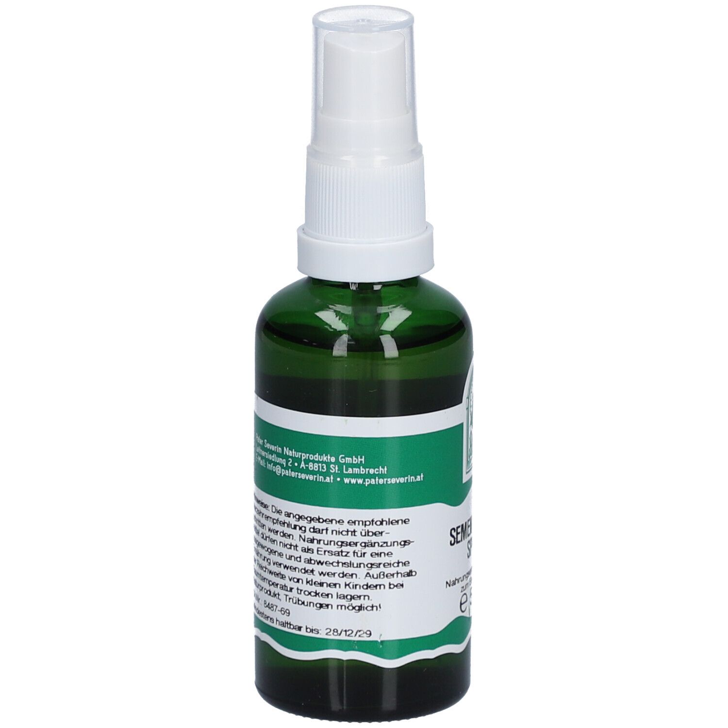 Grüne Glasflasche mit weißem Sprühkopf. Etikett mit Produktinformationen. Rückansicht.