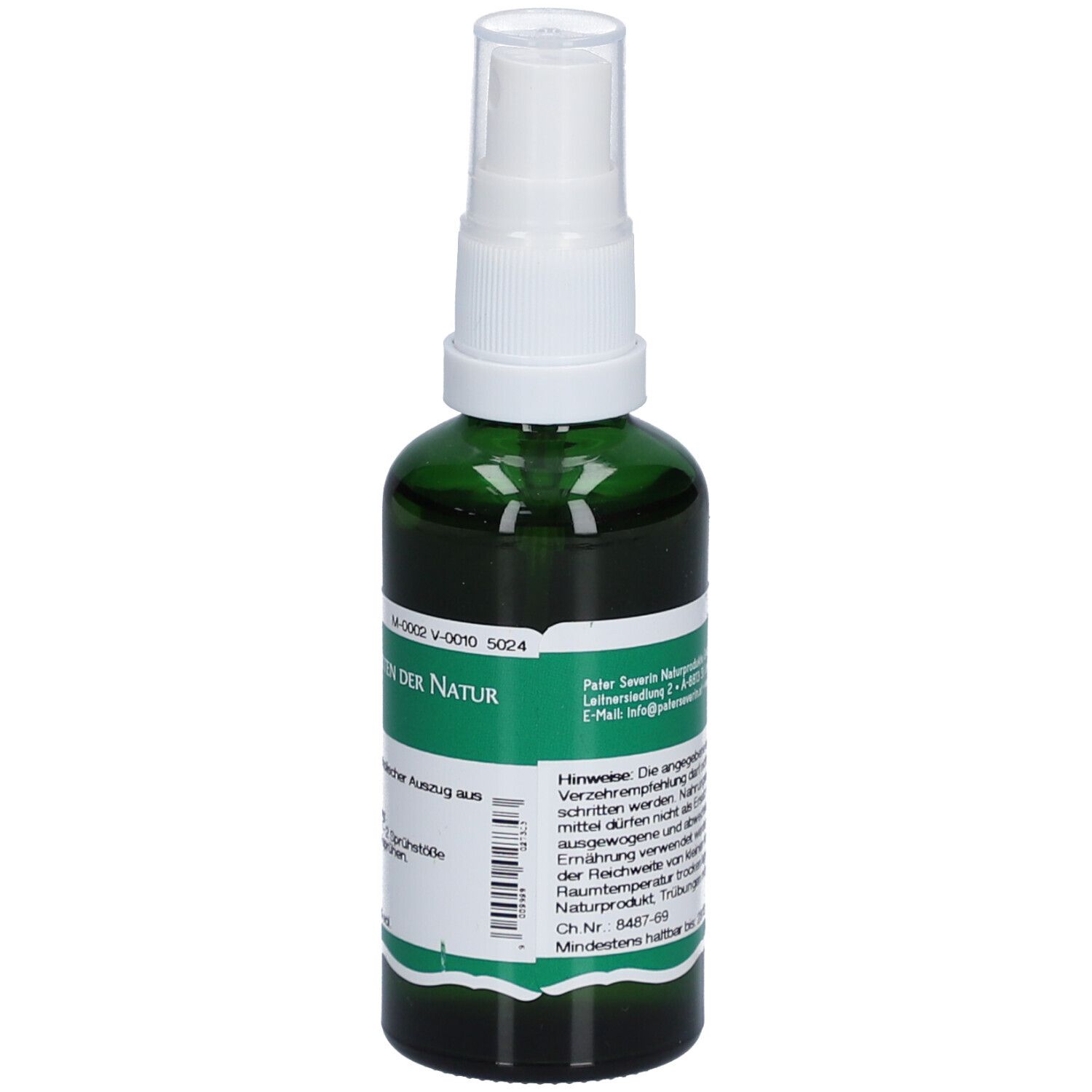Grüne Glasflasche mit weißem Sprühkopf. Etikett mit Produktinformationen und Barcode. Rückansicht.