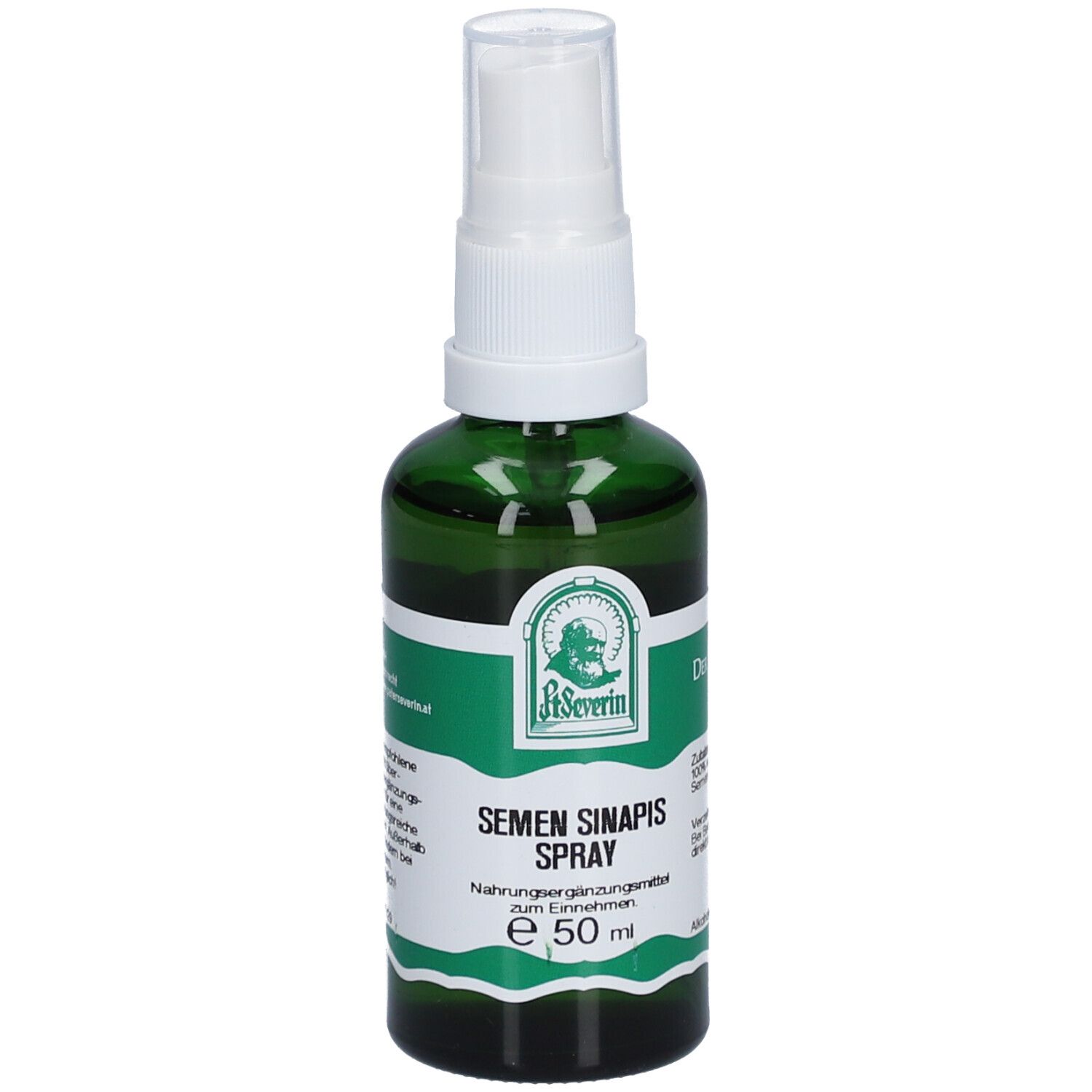 Grüne Glasflasche mit weißem Sprühkopf. Etikett mit Produktnamen und Logo. Enthält 50 ml.