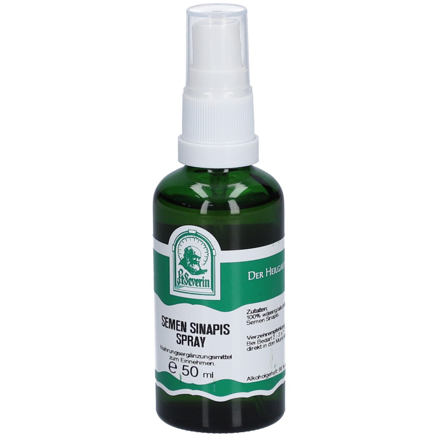 Grüne Glasflasche mit weißem Sprühkopf. Etikett mit Produktnamen und Logo. Enthält 50 ml.