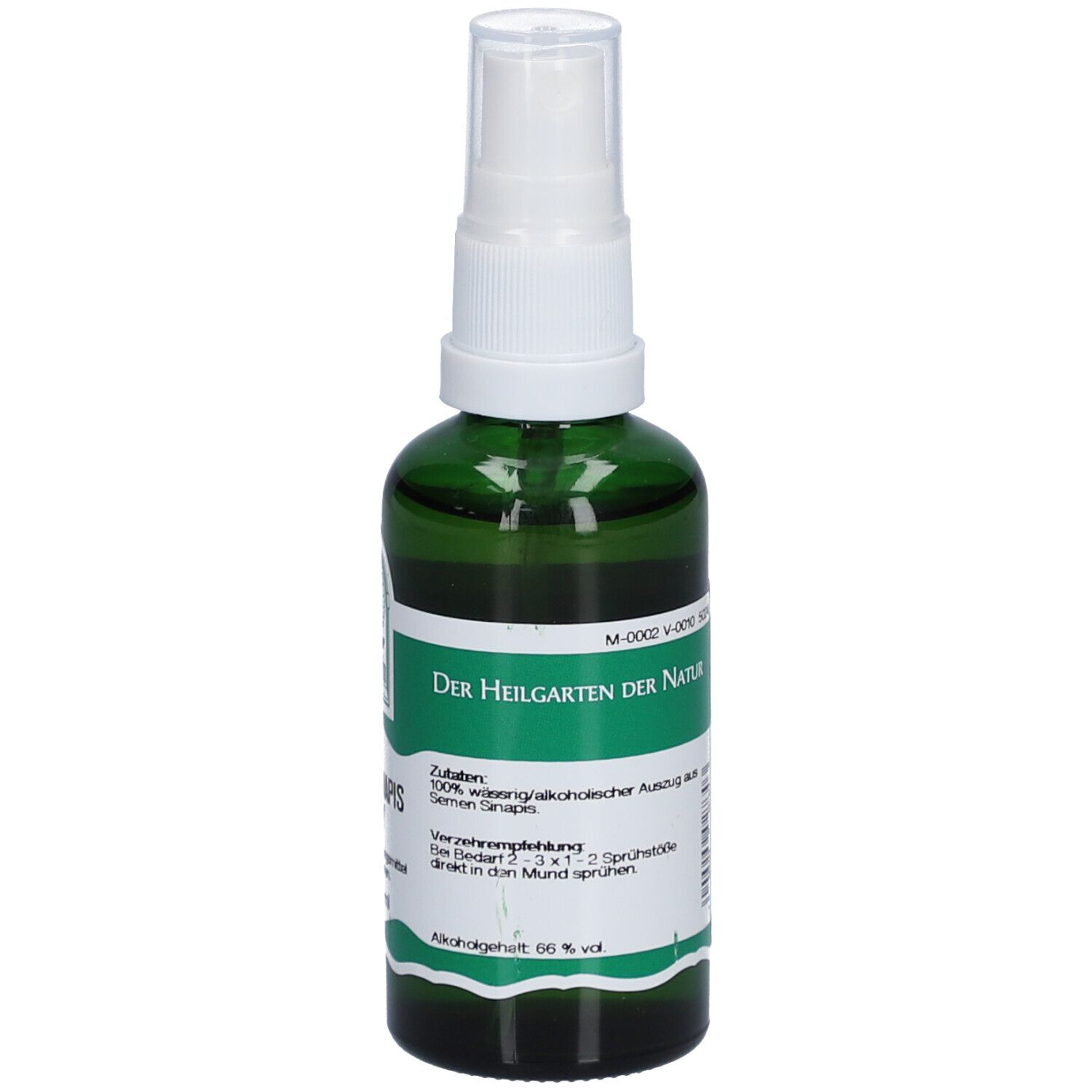Grüne Glasflasche mit weißem Sprühkopf. Etikett mit Produktinformationen. Rückansicht.