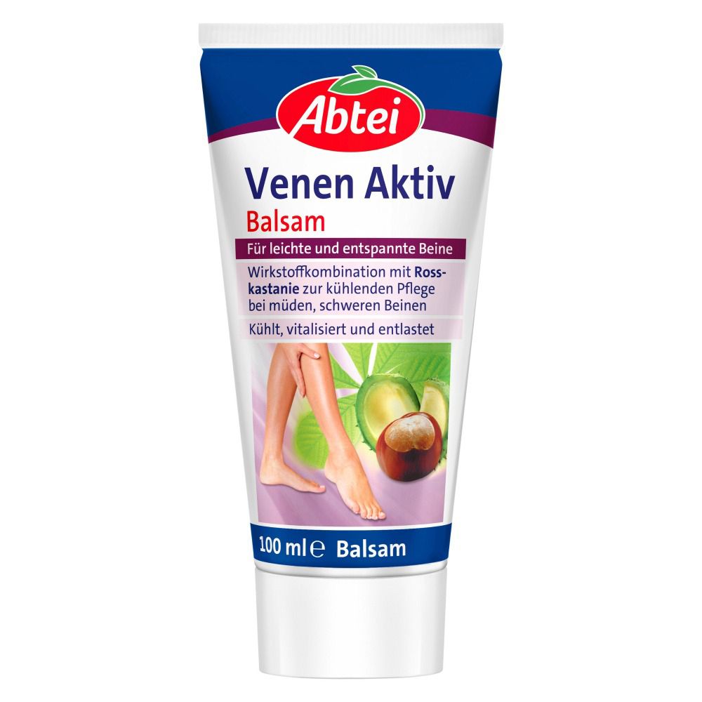 Tube Abtei Venen Aktiv Balsam. Blaue und weiße Verpackung. Text: Venen Aktiv Balsam, 100 ml.