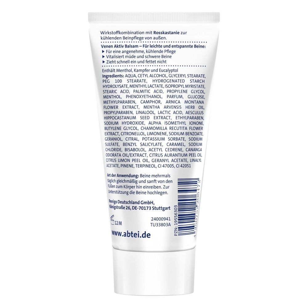 Rückseite der Tube Abtei Venen Aktiv Balsam. Text: Wirkstoffkombination mit Rosskastanie, Inhaltsstoffe, Anwendungshinweise.