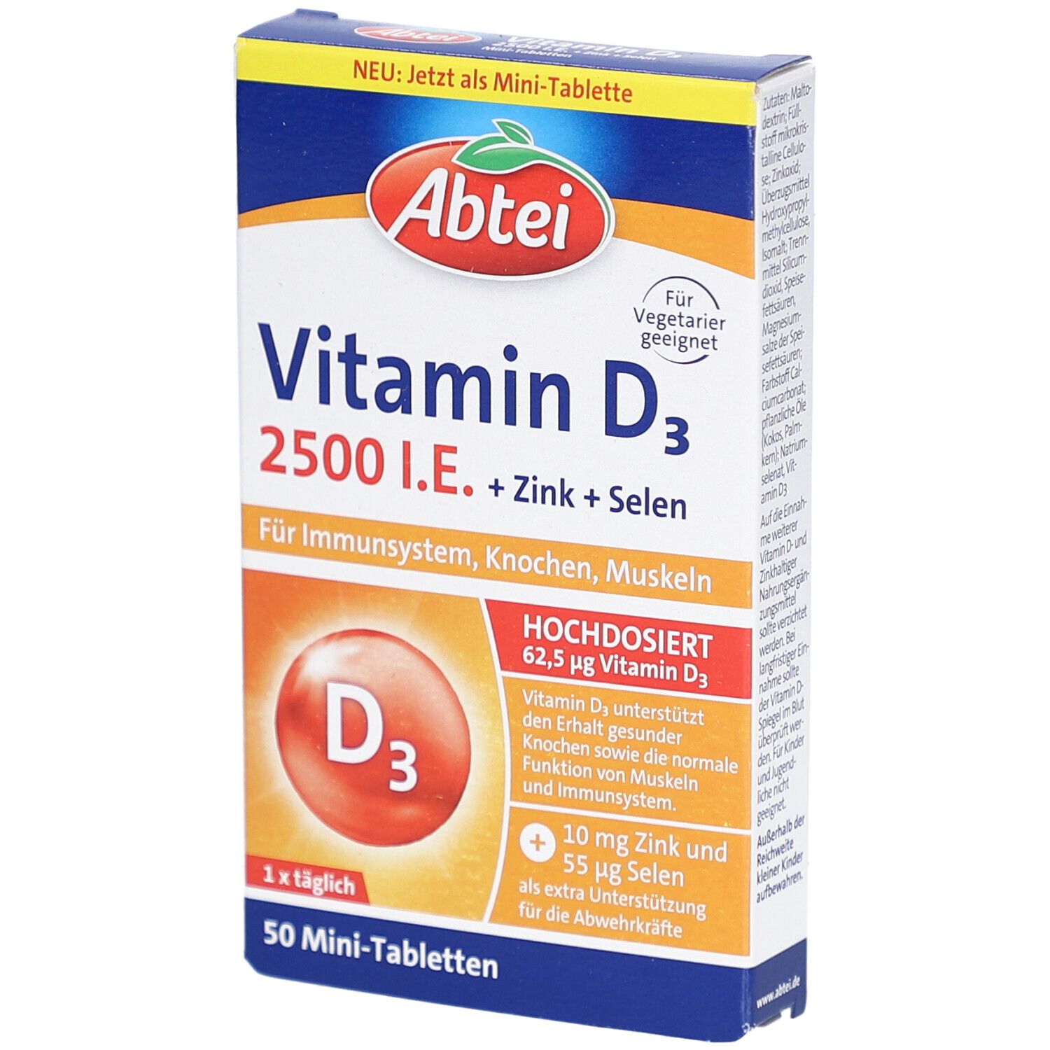 Karton mit ABTEI Vitamin D3 2500 I.E. Mini-Tabletten. Enthält Zink und Selen. Für Immunsystem, Knochen, Muskeln. 50 Mini-Tabletten.