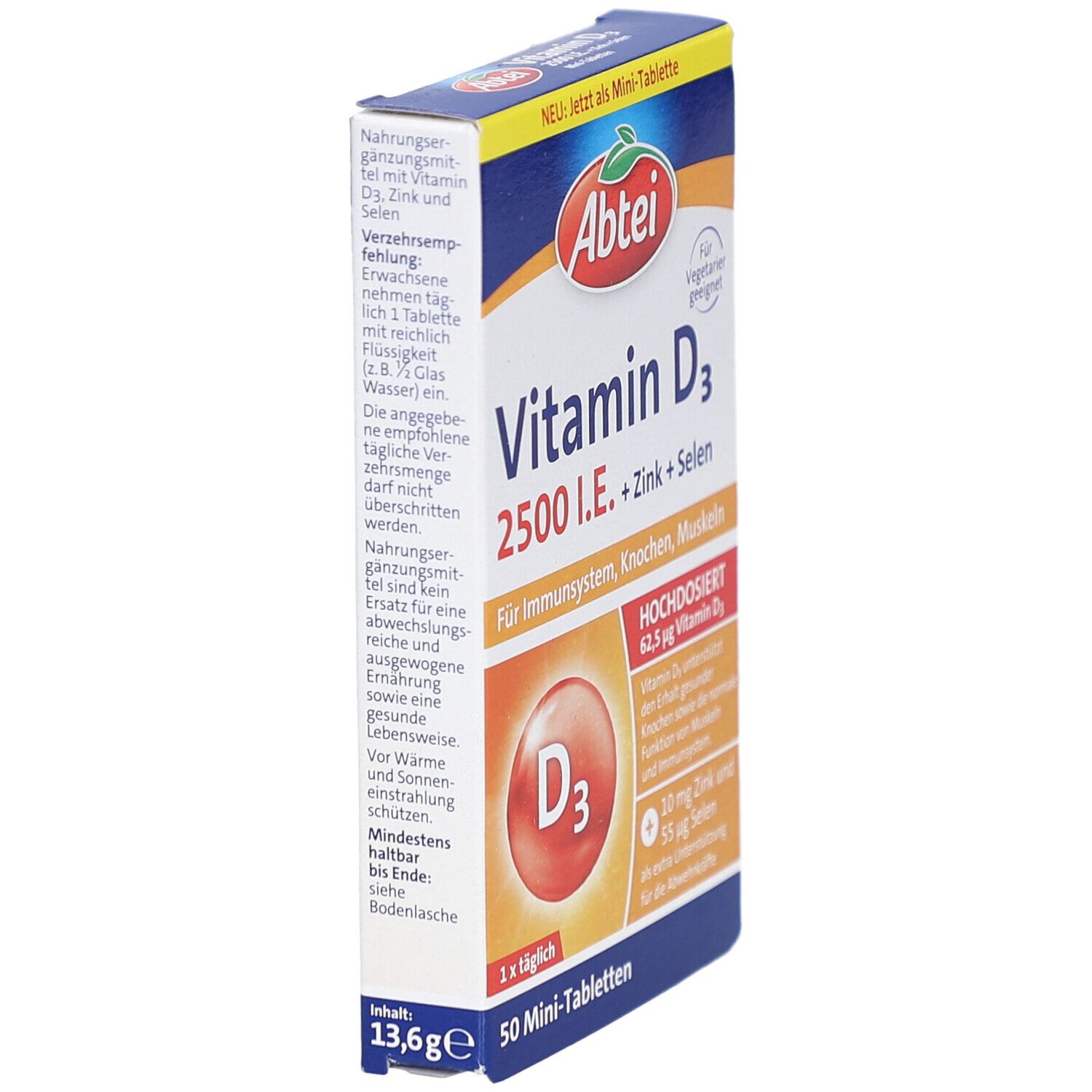 Schrägansicht des ABTEI Vitamin D3 2500 I.E. Kartons. Enthält Zink und Selen. Für Immunsystem, Knochen, Muskeln. 50 Mini-Tabletten.
