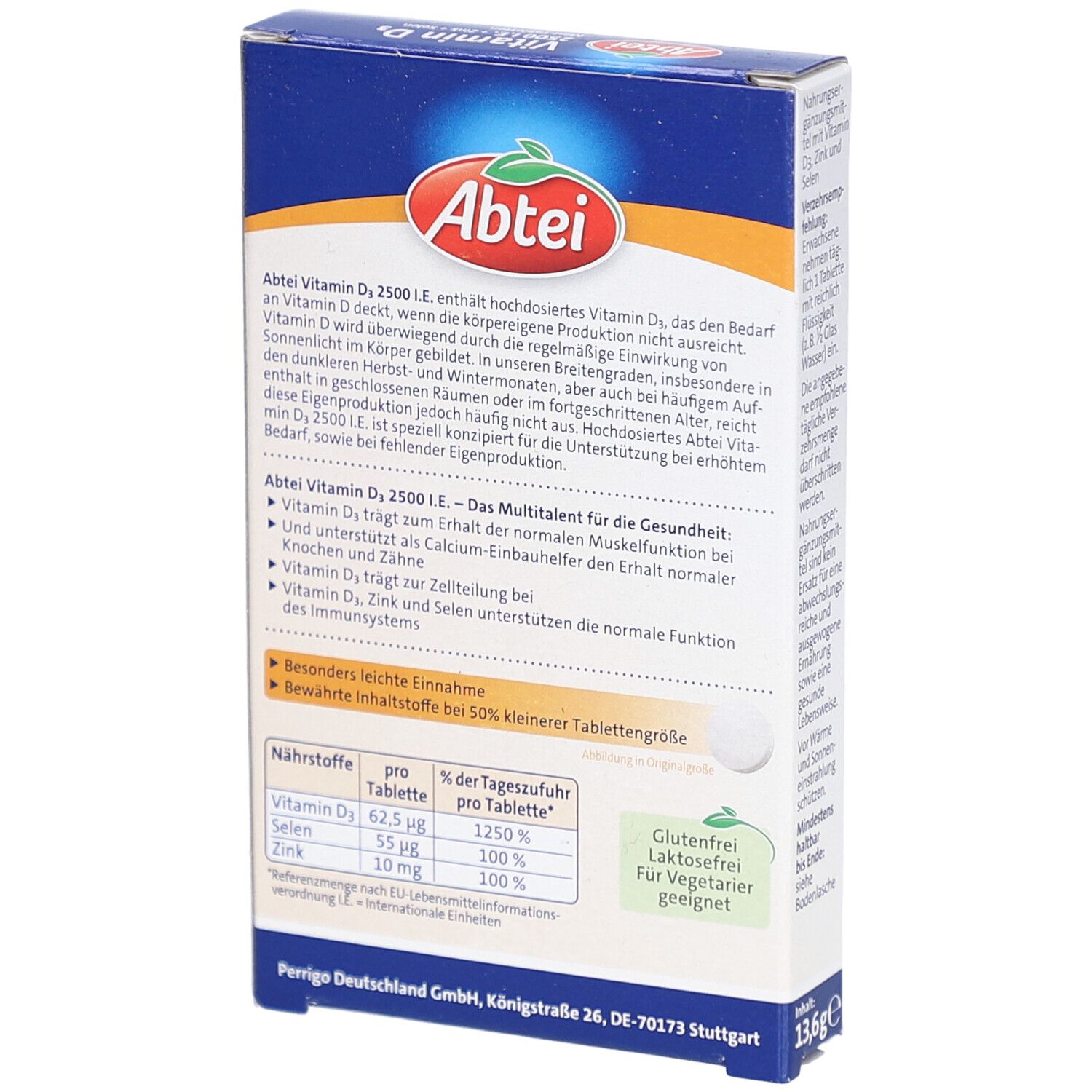 Rückseite des ABTEI Vitamin D3 2500 I.E. Kartons. Informationen zu Inhaltsstoffen, Nährwerten und Hersteller. Glutenfrei, laktosefrei.