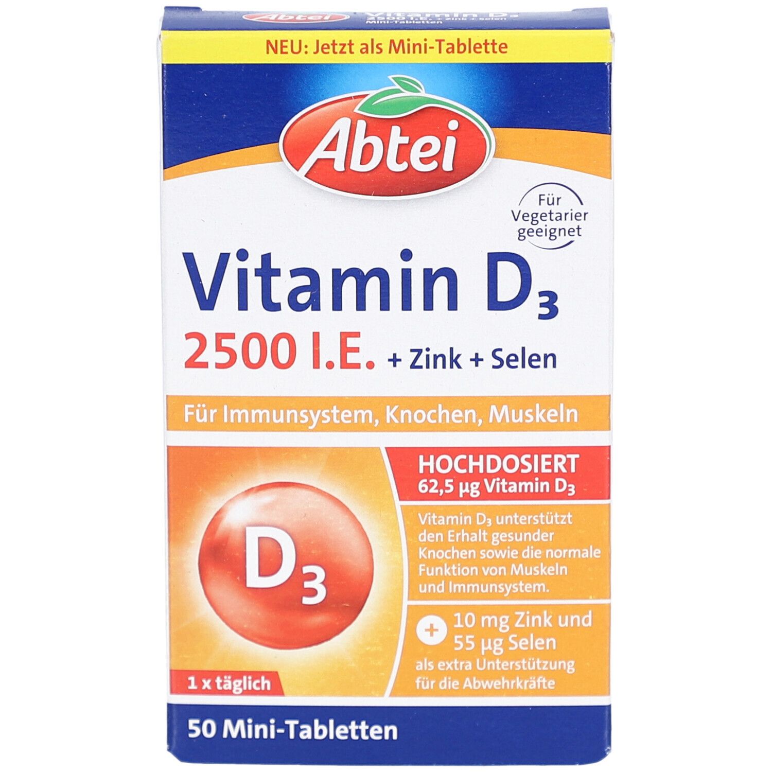 Karton mit ABTEI Vitamin D3 2500 I.E. Mini-Tabletten. Enthält Zink und Selen. Für Immunsystem, Knochen, Muskeln. 50 Mini-Tabletten.