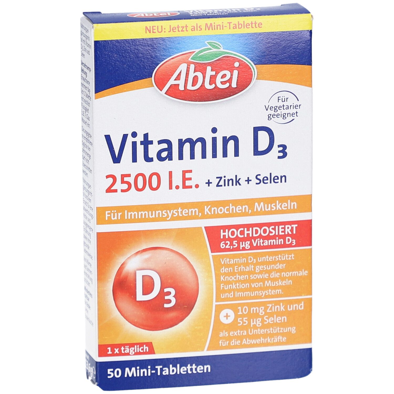 Karton mit ABTEI Vitamin D3 2500 I.E. Mini-Tabletten. Enthält Zink und Selen. Für Immunsystem, Knochen, Muskeln. 50 Mini-Tabletten.