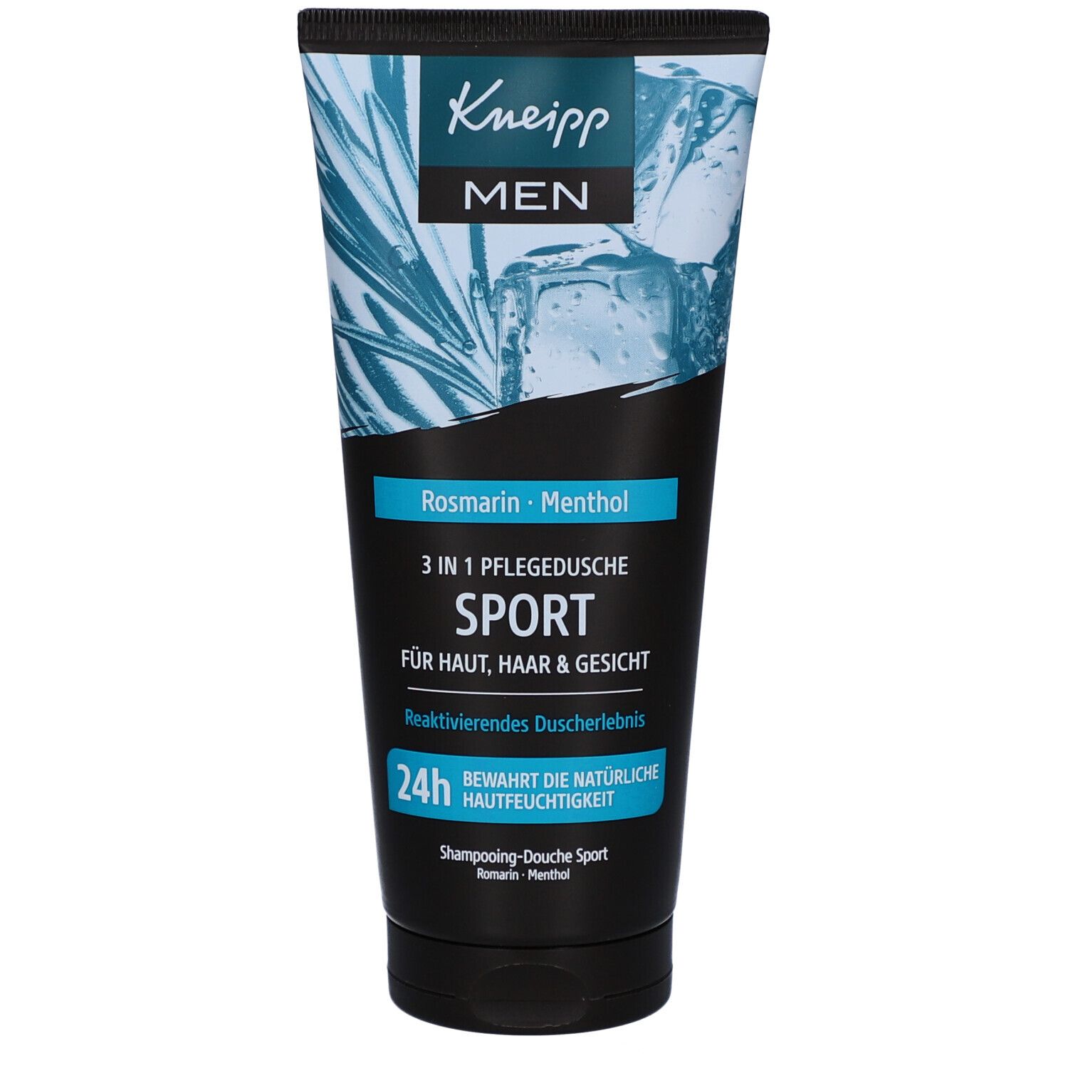 Kneipp 3 in 1 Pflegedusche Sport. Schwarze Tube mit blauer und weißer Schrift. Rosmarin & Menthol. 24h Feuchtigkeit.