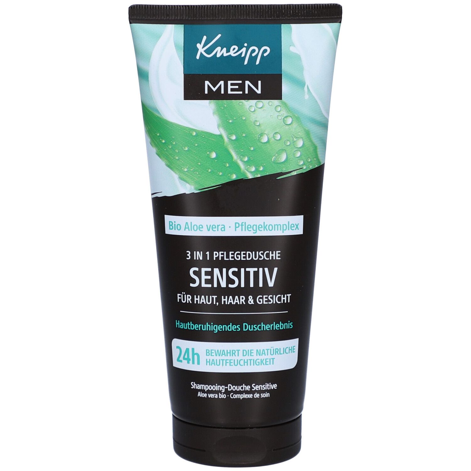 Tube mit Kneipp 3in1 Pflegedusche Sensitiv. Schwarzer Hintergrund, grüne Blätter und Aloe Vera. Text: Bio Aloe Vera & Pflegekomplex.