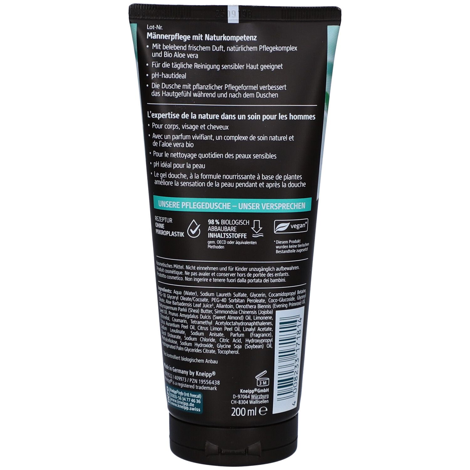 Rückseite der Tube. Schwarzer Hintergrund mit Text. Enthält Informationen über das Produkt und Inhaltsstoffe. Vegan-Siegel.