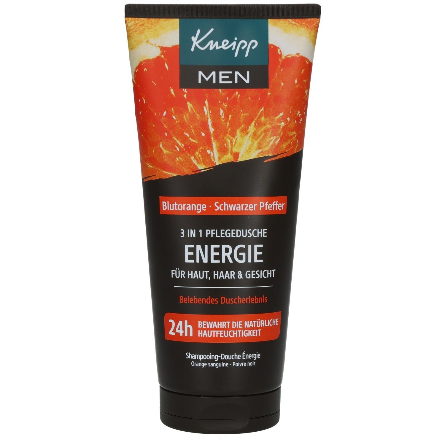 Tube mit Kneipp® 3 in 1 Pflegedusche Energie. Blutorange & Schwarzer Pfeffer. Schwarzer Deckel, orangefarbener Hintergrund.