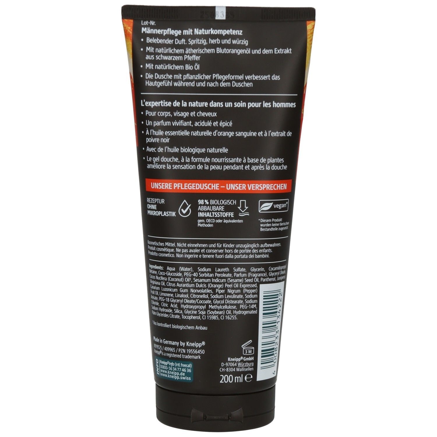 Rückseite der Tube Kneipp® 3 in 1 Pflegedusche Energie. Text in Deutsch und Französisch. Vegan-Siegel.