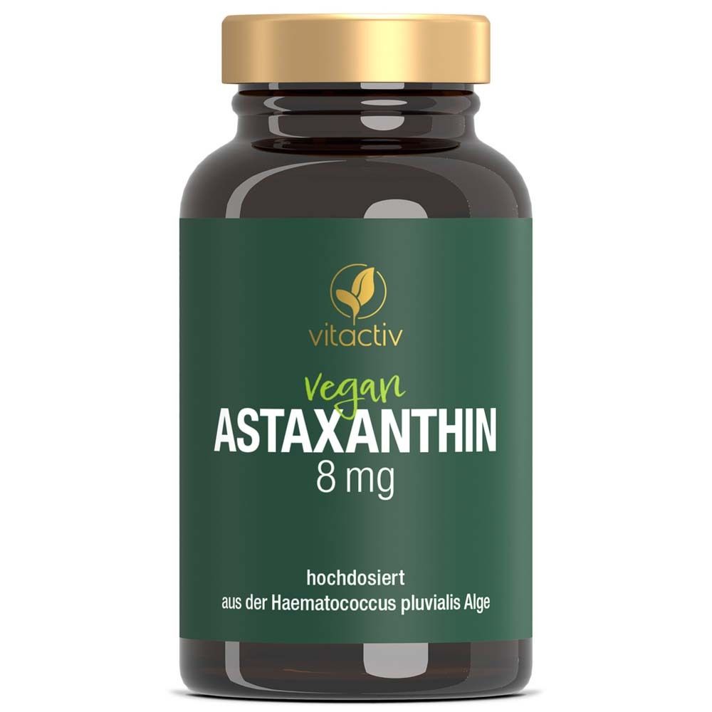 Braune Glasflasche mit grüner Banderole. Aufschrift: Vitactiv Vegan Astaxanthin 8 mg. Hochdosiert.