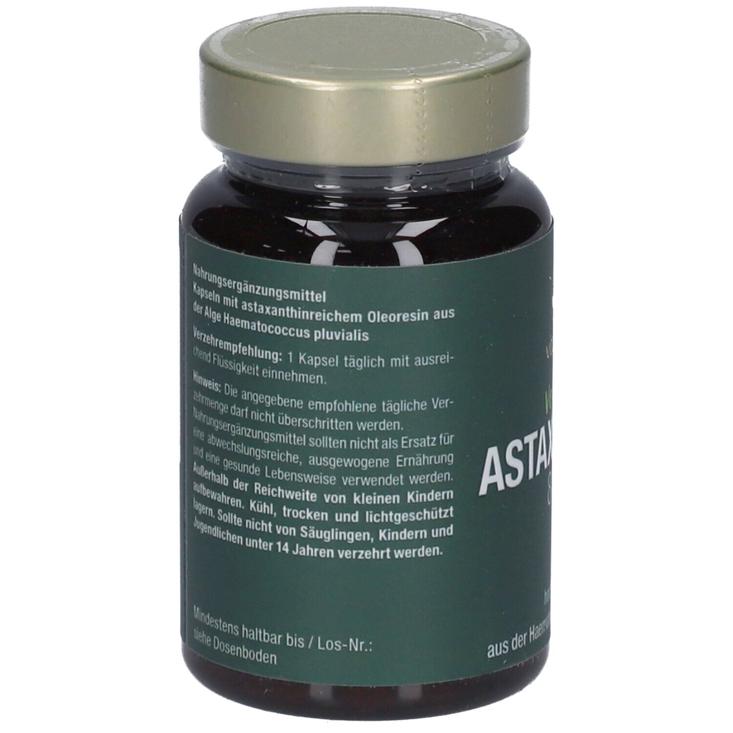 Braune Glasflasche mit grüner Banderole. Aufschrift: Vitactiv Vegan Astaxanthin 8 mg. Warnhinweise.