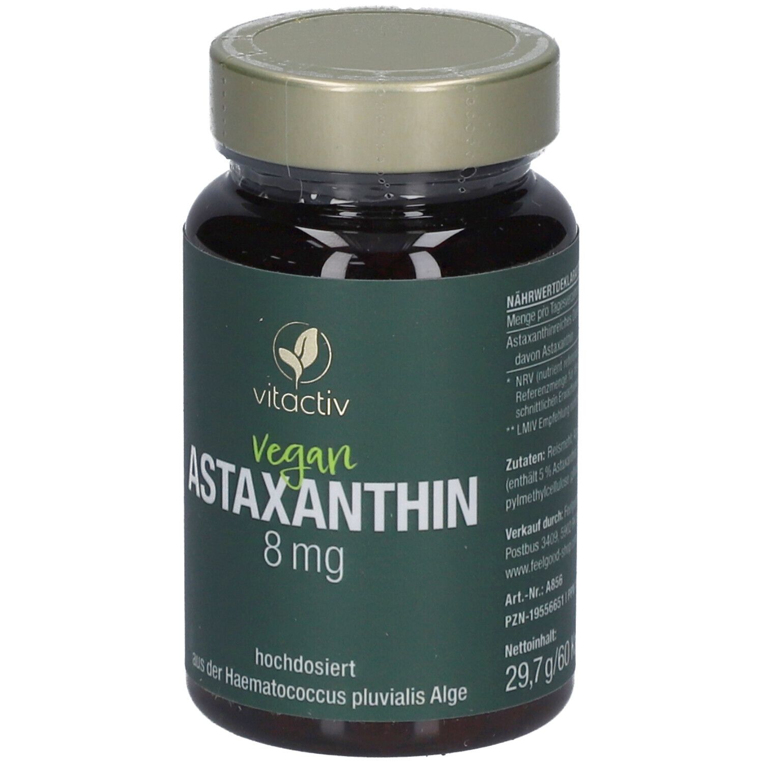 Braune Glasflasche mit grüner Banderole. Aufschrift: Vitactiv Vegan Astaxanthin 8 mg. Nährwertdeklaration.