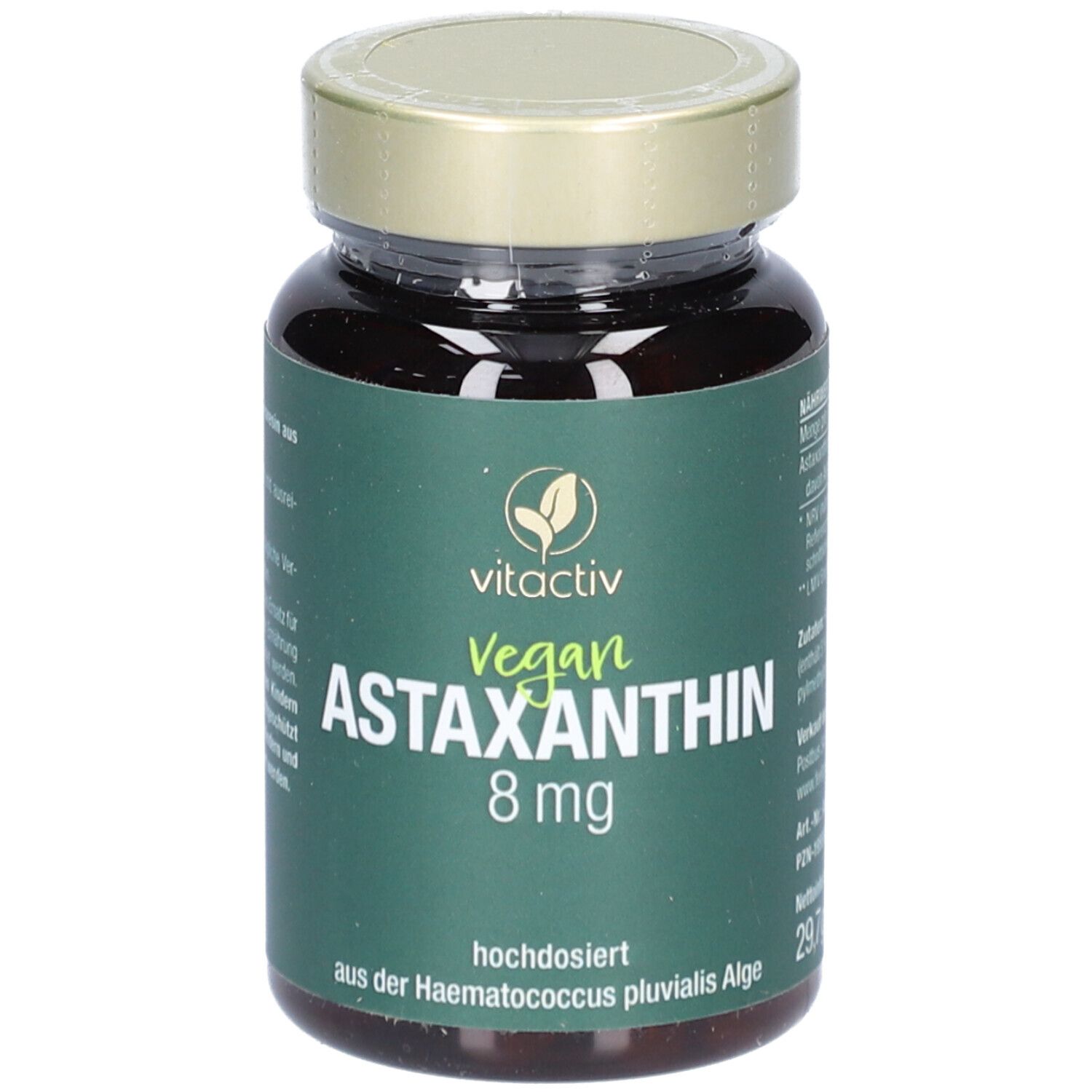 Braune Glasflasche mit grüner Banderole. Aufschrift: Vitactiv Vegan Astaxanthin 8 mg. Hochdosiert.
