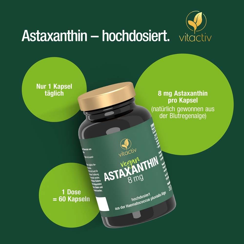 Produktflasche mit grünen Kreisen. Aufschrift: Vitactiv Vegan Astaxanthin 8 mg. 1 Kapsel täglich, 60 Kapseln.