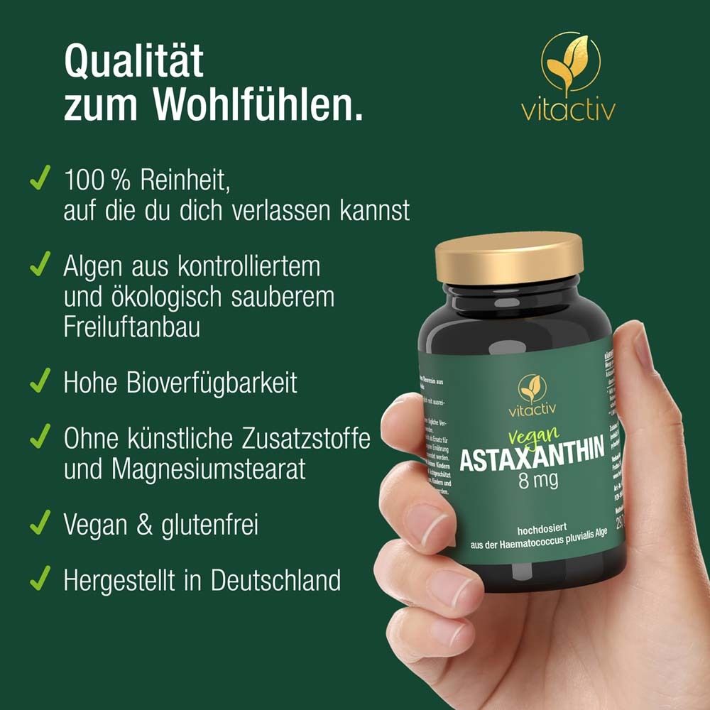 Produktflasche mit grünen Häkchen. Aufschrift: Vitactiv Vegan Astaxanthin 8 mg. Vegan & glutenfrei.
