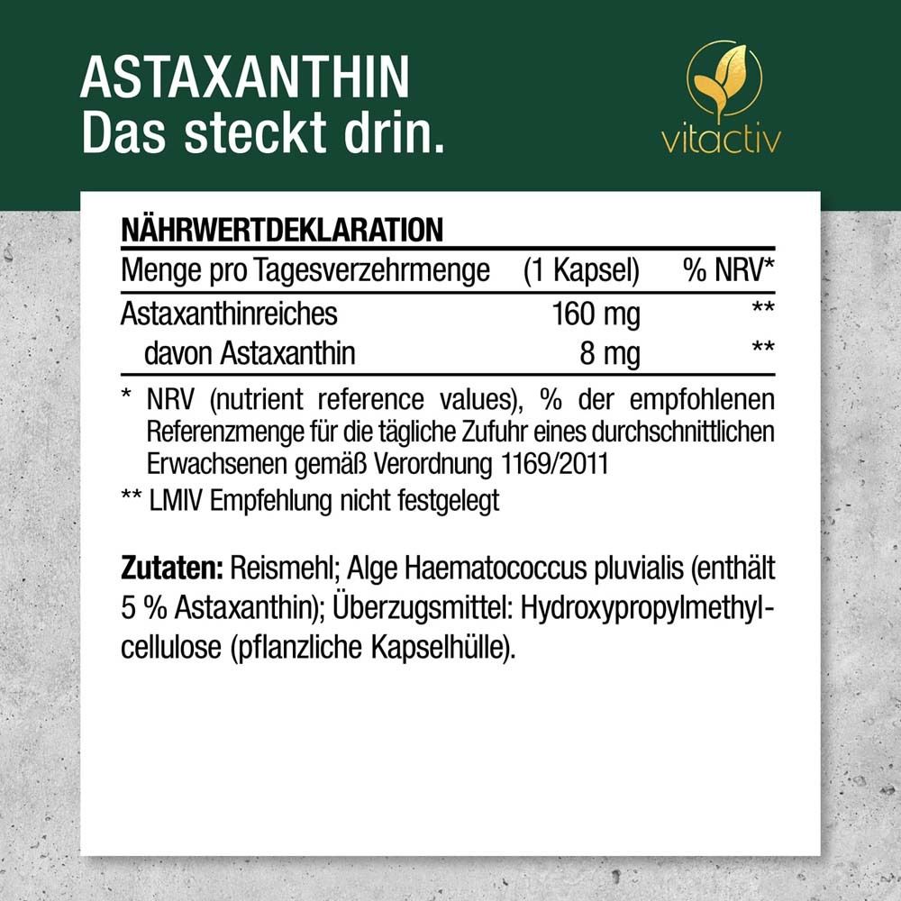 Nährwertdeklaration. Aufschrift: Astaxanthin 8 mg pro Kapsel. Zutaten: Reis, Alge, Überzugsmittel.