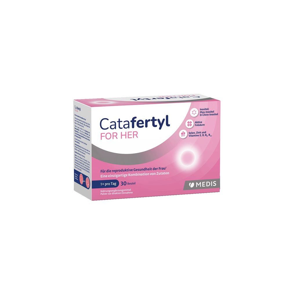 CataFertyl FOR HER-Packung. Rosa-weißes Design. Enthält Inhaltsstoffe für die reproduktive Gesundheit. 30 Beutel.