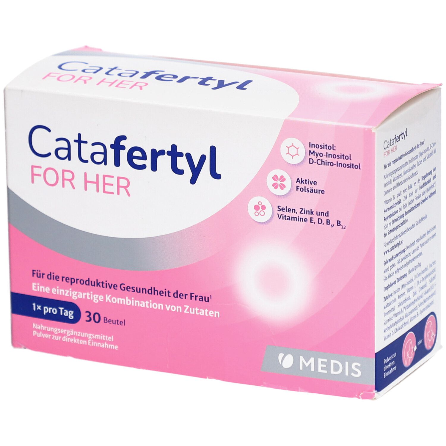 CataFertyl FOR HER-Packung. Rosa-weißes Design. Enthält Inositol, Folsäure, Selen, Zink und Vitamine. 30 Beutel.