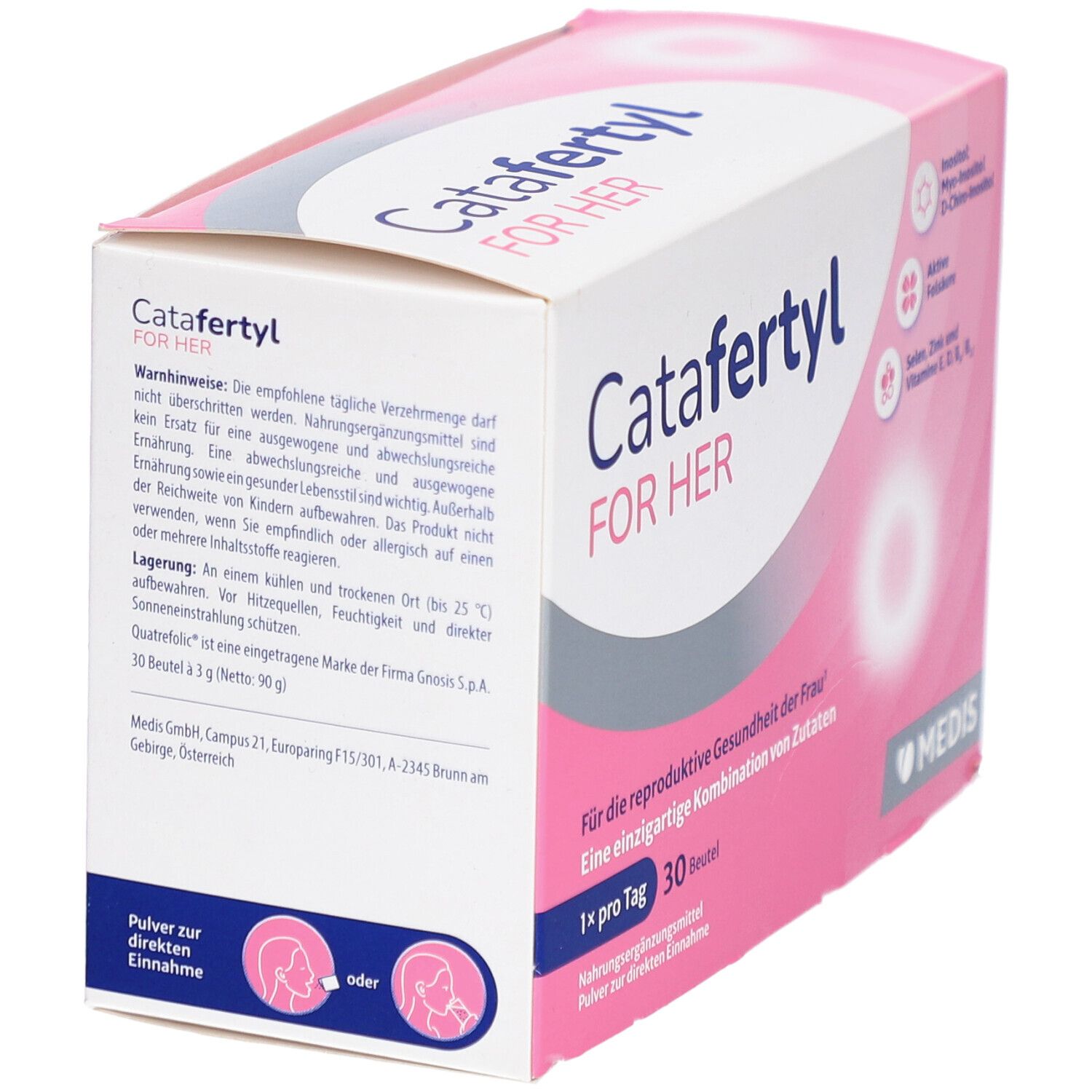 CataFertyl FOR HER-Packung. Rosa-weißes Design. Enthält Inositol, Folsäure, Selen, Zink und Vitamine. 30 Beutel.