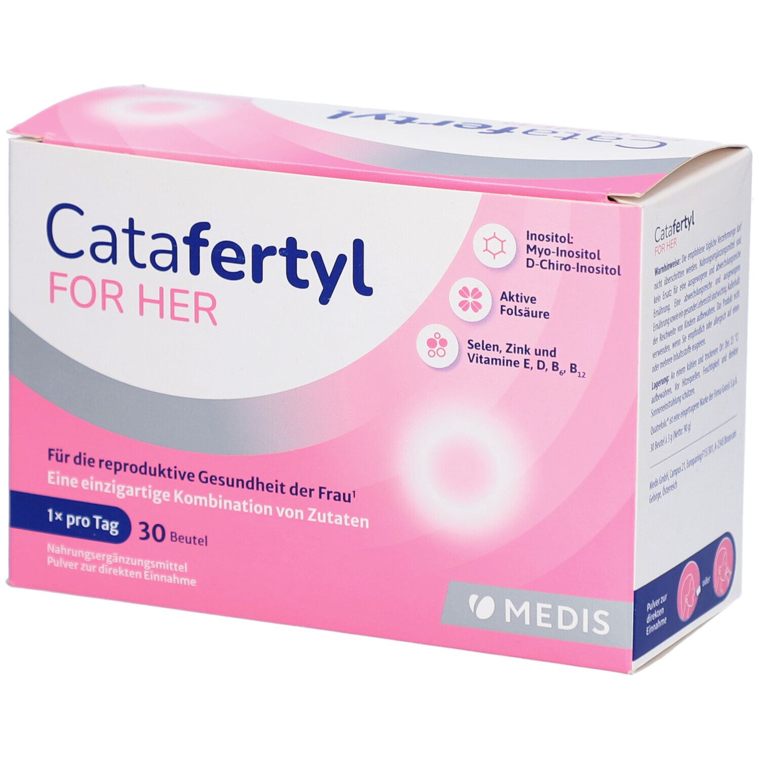 CataFertyl FOR HER-Packung. Rosa-weißes Design. Enthält Inositol, Folsäure, Selen, Zink und Vitamine. 30 Beutel.