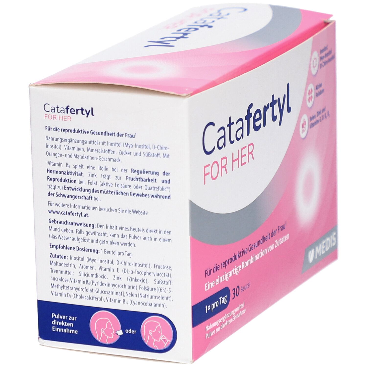 CataFertyl FOR HER-Packung. Rosa-weißes Design. Enthält Inositol, Folsäure, Selen, Zink und Vitamine. 30 Beutel.