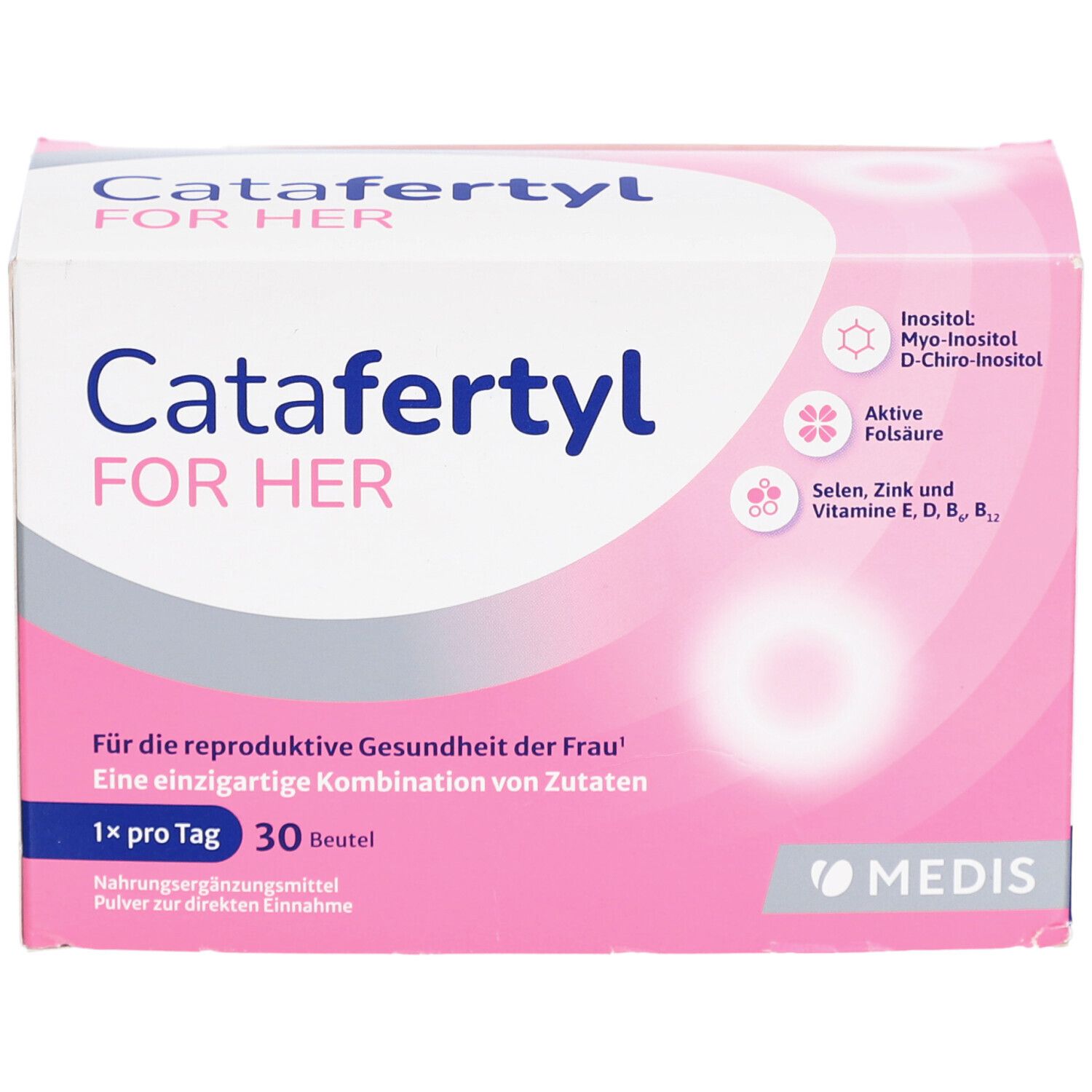 CataFertyl FOR HER-Packung. Rosa-weißes Design. Enthält Inositol, Folsäure, Selen, Zink und Vitamine. 30 Beutel.