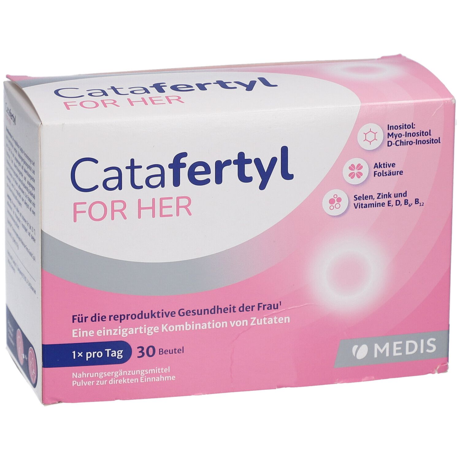 CataFertyl FOR HER-Packung. Rosa-weißes Design. Enthält Inositol, Folsäure, Selen, Zink und Vitamine. 30 Beutel.