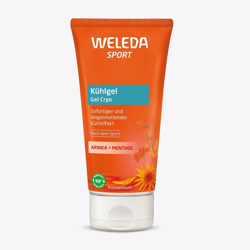 Orange Tube mit "WELEDA SPORT Kühlgel". Enthält Arnika und Menthol. Grün-Siegel.