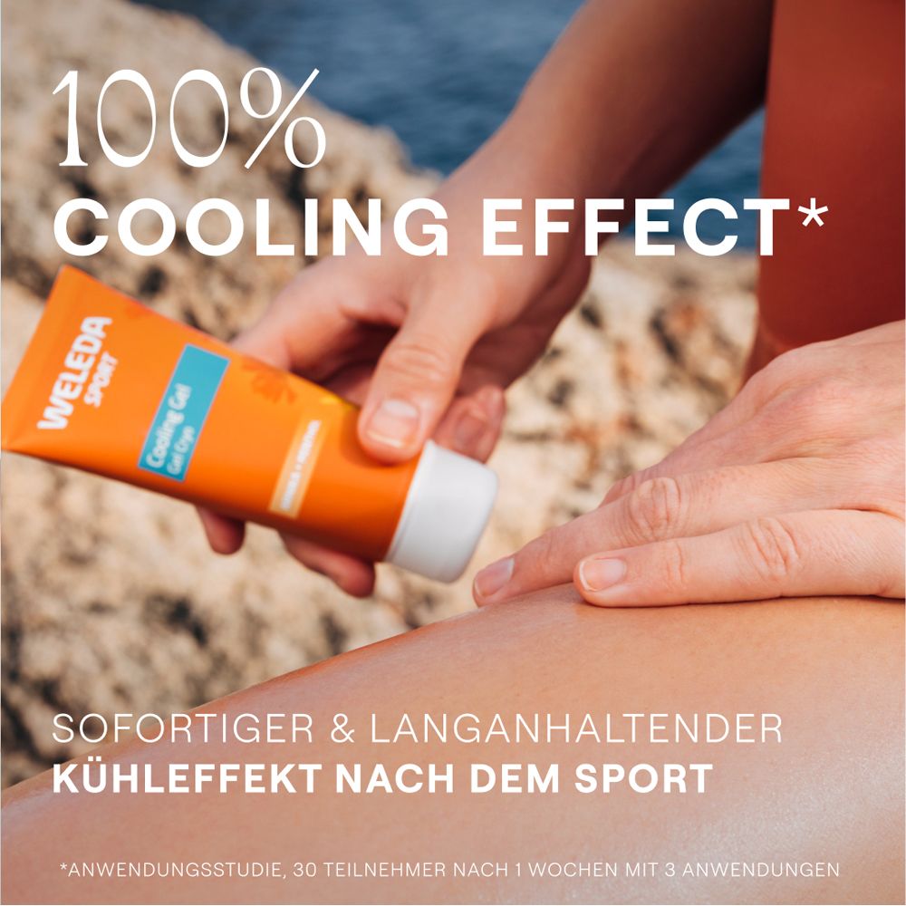 Person trägt "WELEDA SPORT Kühlgel" auf Bein auf. Text: "100% COOLING EFFECT".