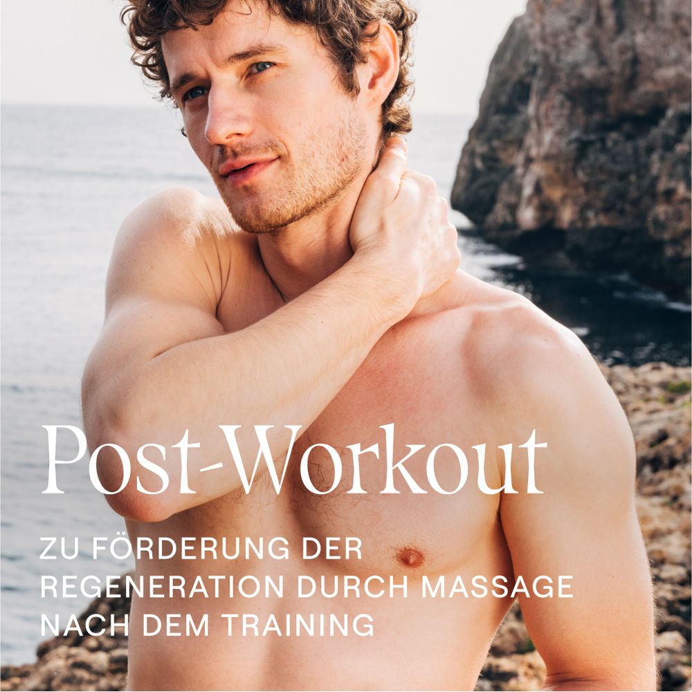 Mann mit freiem Oberkörper. Text: "Post-Workout" und "ZU FÖRDERUNG DER REGENERATION".