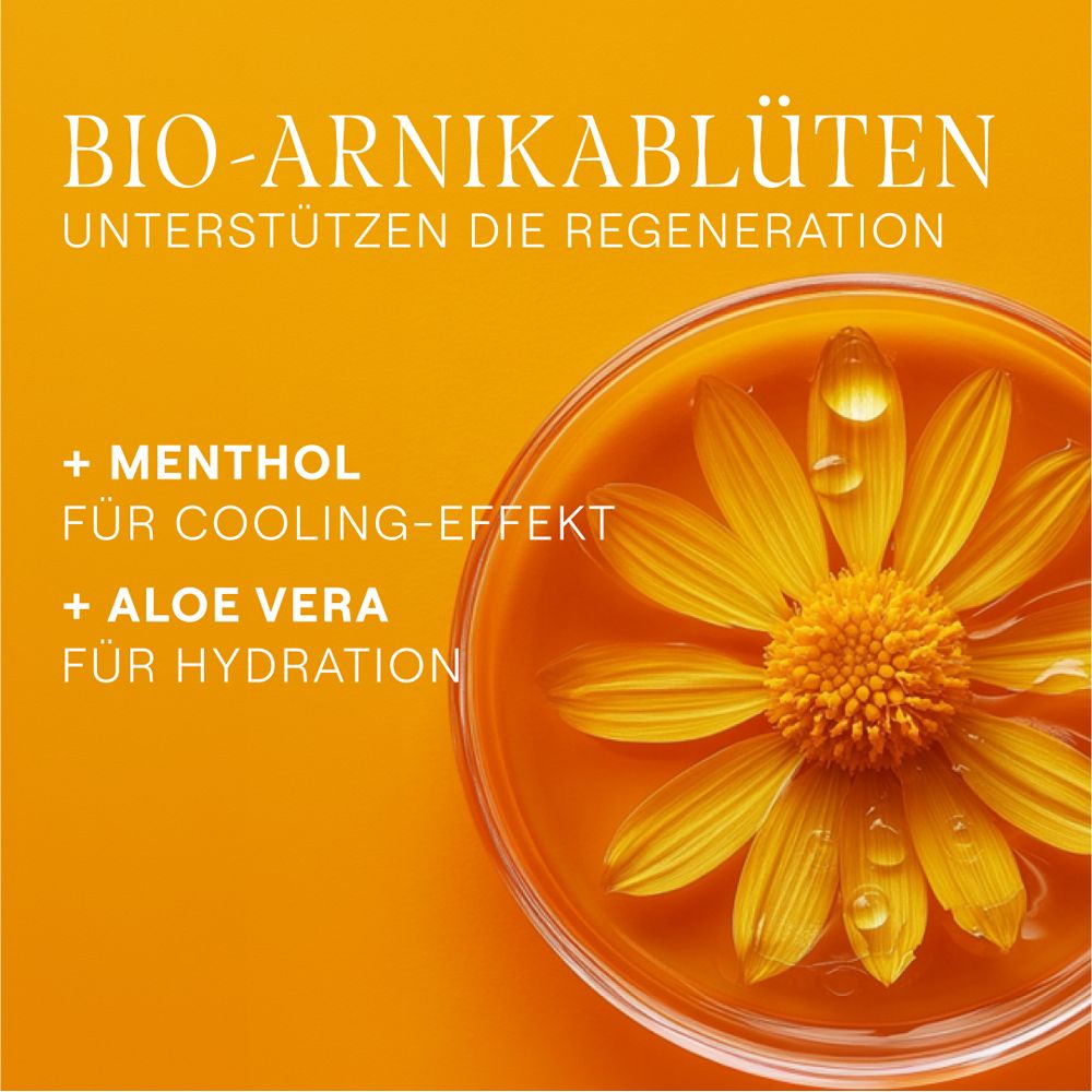 Nahaufnahme von Arnika-Blüten in einer Schale. Text: "BIO-ARNIKABLÜTEN" und Inhaltsstoffe.