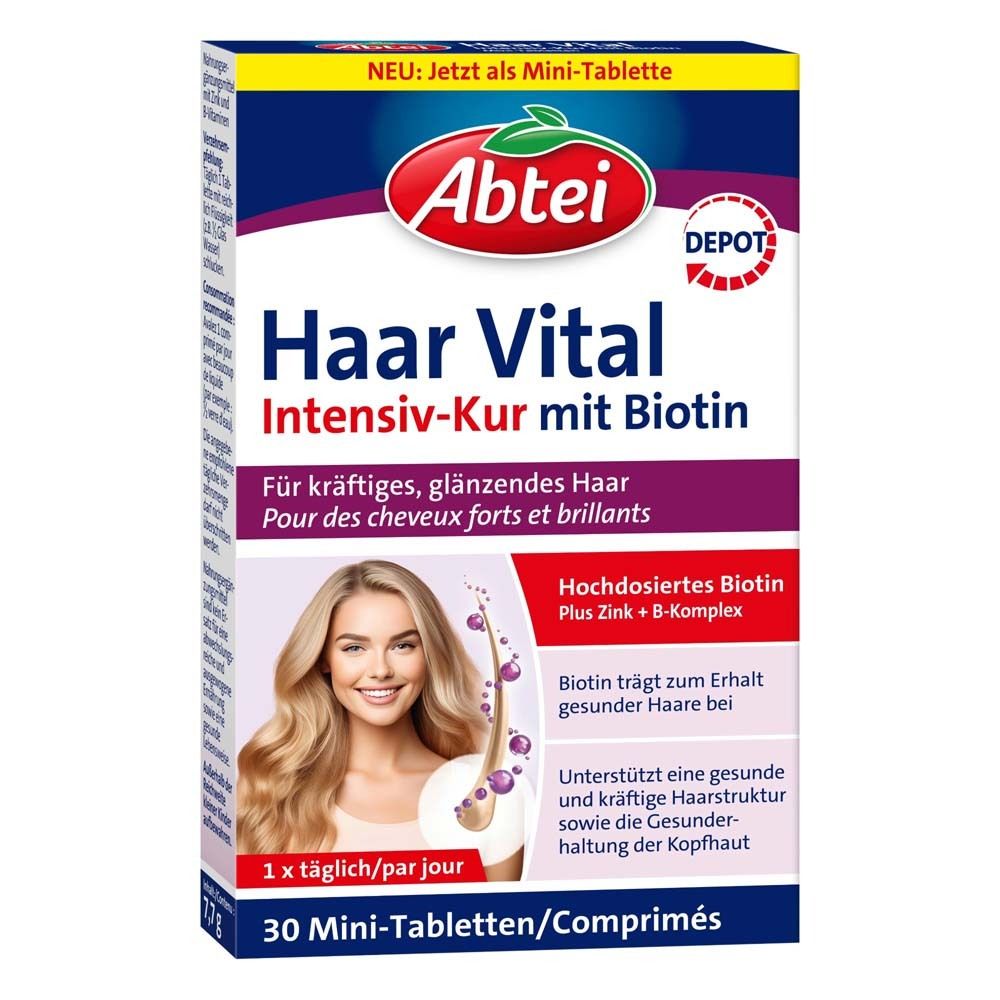 Abtei Haar Vital Intensiv-Kur mit Biotin. Packung mit 30 Mini-Tabletten. Enthält Biotin, Zink und B-Komplex. Für kräftiges, glänzendes Haar.