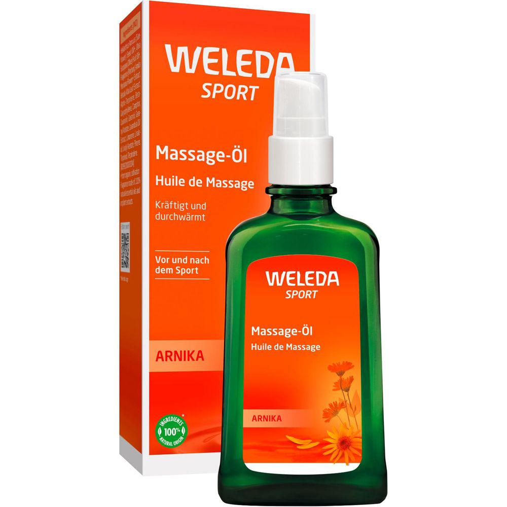 Grüne Glasflasche mit orangefarbenem Etikett. Text: WELEDA SPORT Massage-Öl Arnika.