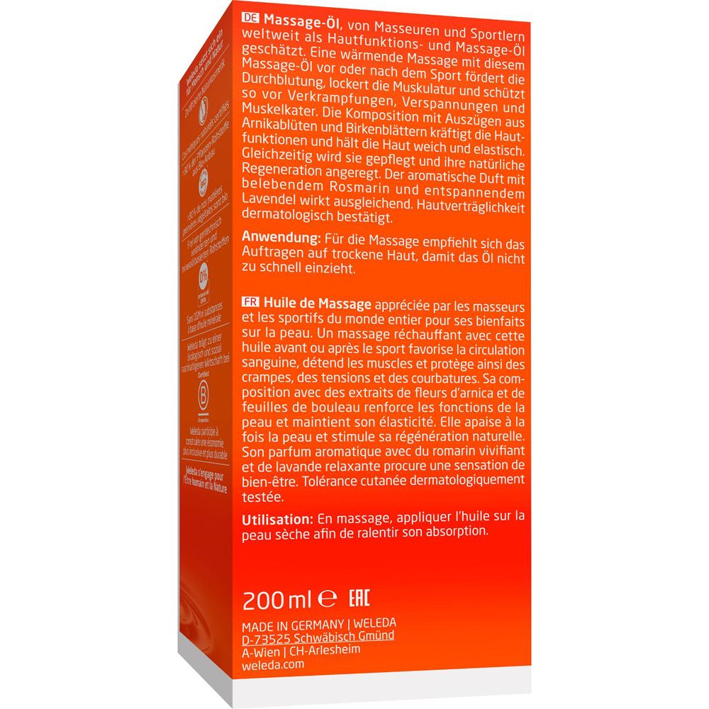 Rückseite der Weleda Sport Massageöl Arnika Flasche. Text in mehreren Sprachen, Inhaltsstoffe und Zertifizierung.
