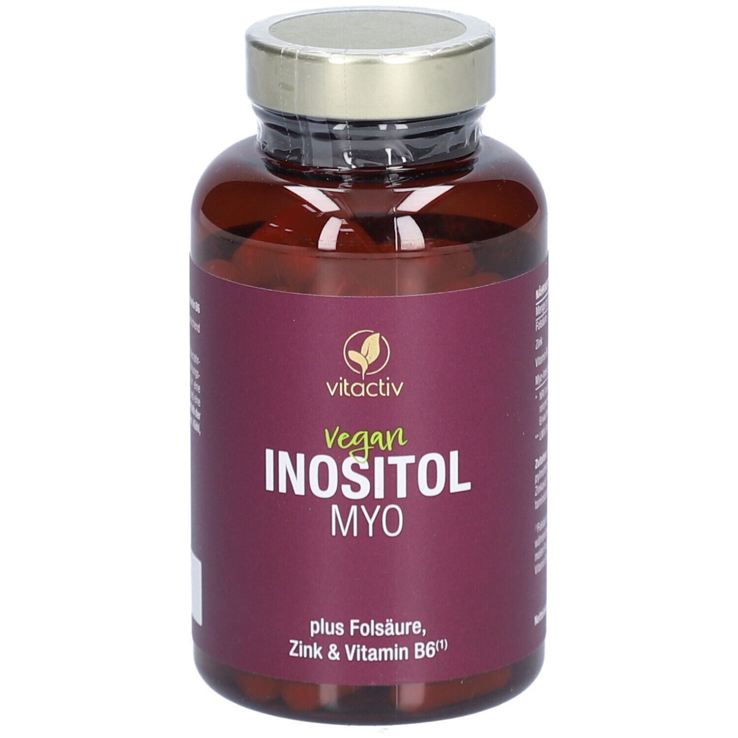 Braune Flasche mit Kapseln. Aufschrift: Vegan INOSITOL MYO, plus Folsäure, Zink & Vitamin B6. Marke: vitactiv.