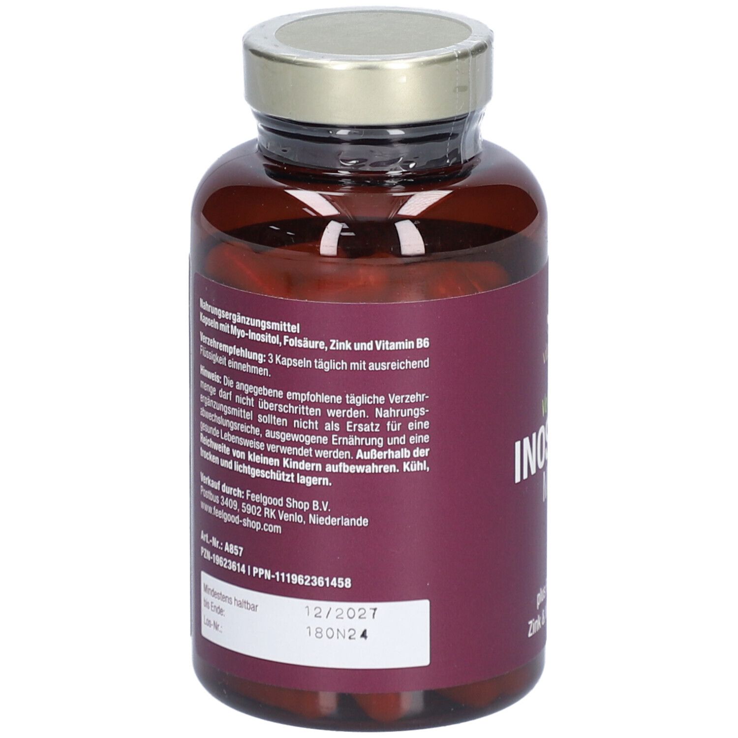 Rückseite der Flasche mit Text. Text: INOSITOL MYO. Mindestens haltbar bis 12/2027. Marke: vitactiv.