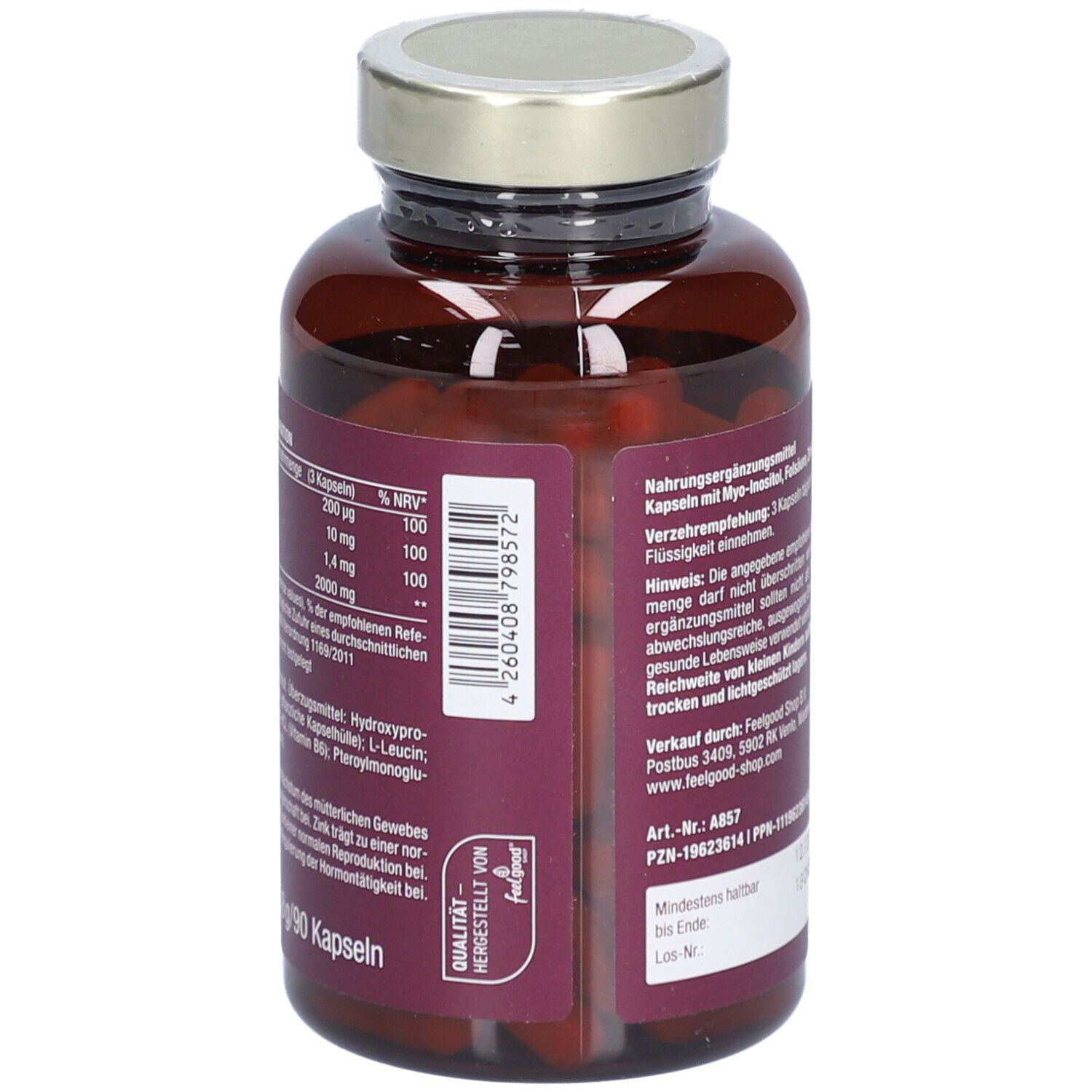 Rückseite der Flasche mit Text. Text: Nährwertdeklaration. INOSITOL MYO. Marke: vitactiv.